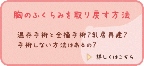 温存手術と全摘手術（乳房切除術）の比較、乳房のふくらみをつくる方法、乳頭乳輪を作る方法を紹介しています。  乳がんによる乳房切除後、乳房のふくらみをつくる方法は大きく３つあります。インプラント再建（エキスパンダー挿入→シリコンインプラント挿入）、自家組織再建（広背筋皮弁法、腹直筋皮弁法、穿通雌枝皮弁法など）、身体の外側から補う方法（乳房パッド、人工乳房など）の３つです。それぞれの方法のメリットデメリット（リスクなど）をまとめました。  乳頭乳輪をつくる方法は、乳頭再建・乳輪再建（反対側の乳首や鼠径部から移